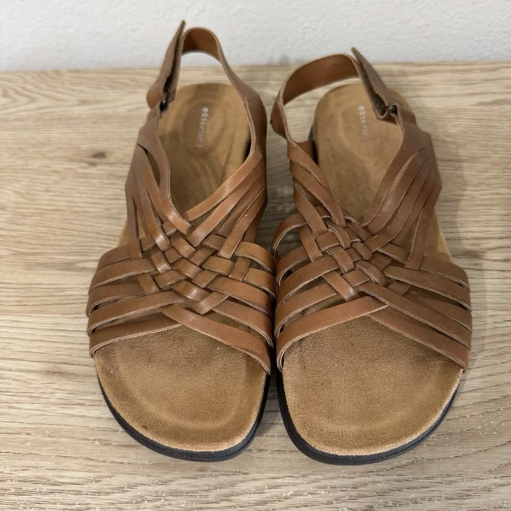 Easy-Spirit Tan Semar Fisherman Woven Leather Sandals Open Toe Womens Size 9.5 M